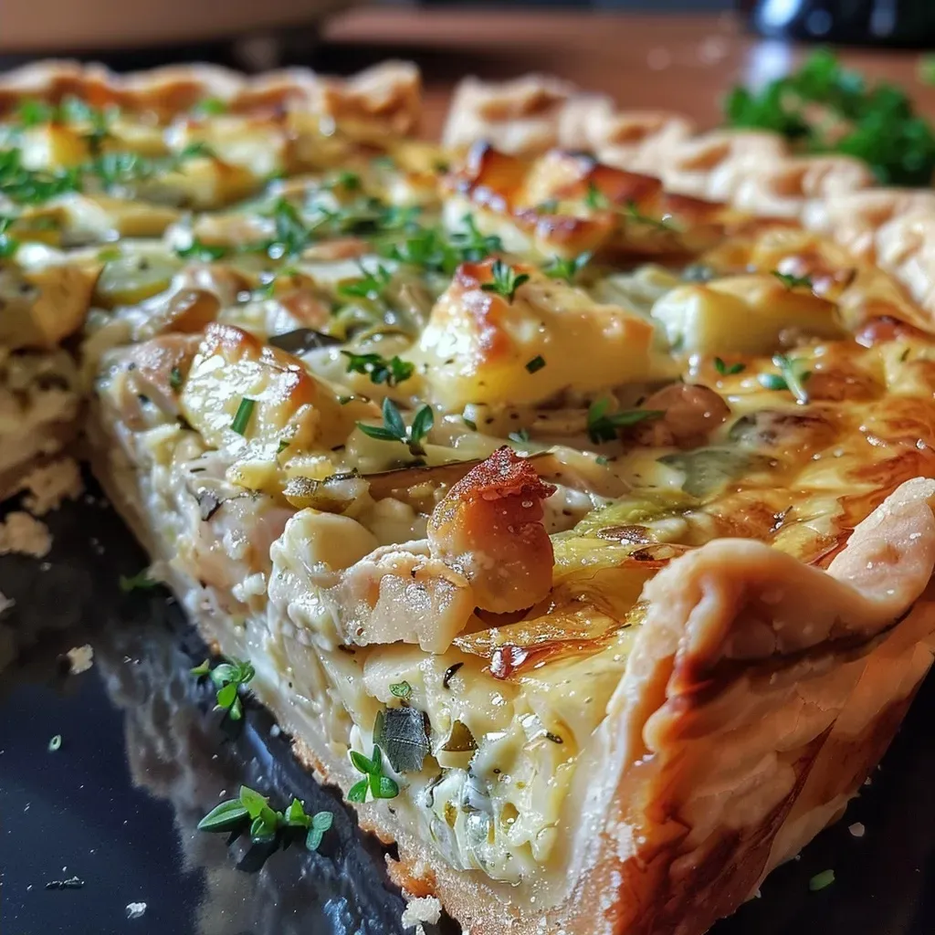 ['Close-up view of a slice of Sellerie Quiche, showcasing its golden crust and creamy filling.', 'Side angle photo of a freshly baked Sellerie Quiche with visible celery and cheese layers.', 'Detailed close-up of a Sellerie Quiche slice, highlighting the texture and ingredients on the surface.', 'Appetizing view of a baked Sellerie Quiche, emphasizing the crust and mixed vegetable filling.']