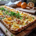 ['Close-up view of a celery tart topped with nuts and clementines.', 'Side perspective of a golden-brown celery tart showcasing vibrant clementine slices.', 'Deliciously layered celery tart with hazelnuts and clementine salad in detail.', 'A slice of celery tart garnished with clementines and nuts, captured closely.']