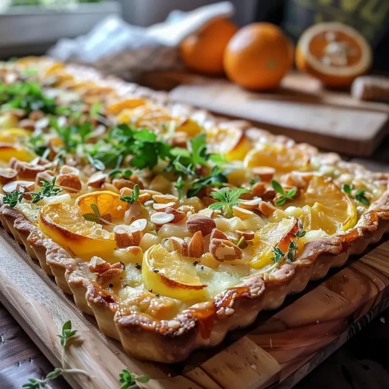['Close-up view of a celery tart topped with nuts and clementines.', 'Side perspective of a golden-brown celery tart showcasing vibrant clementine slices.', 'Deliciously layered celery tart with hazelnuts and clementine salad in detail.', 'A slice of celery tart garnished with clementines and nuts, captured closely.']
