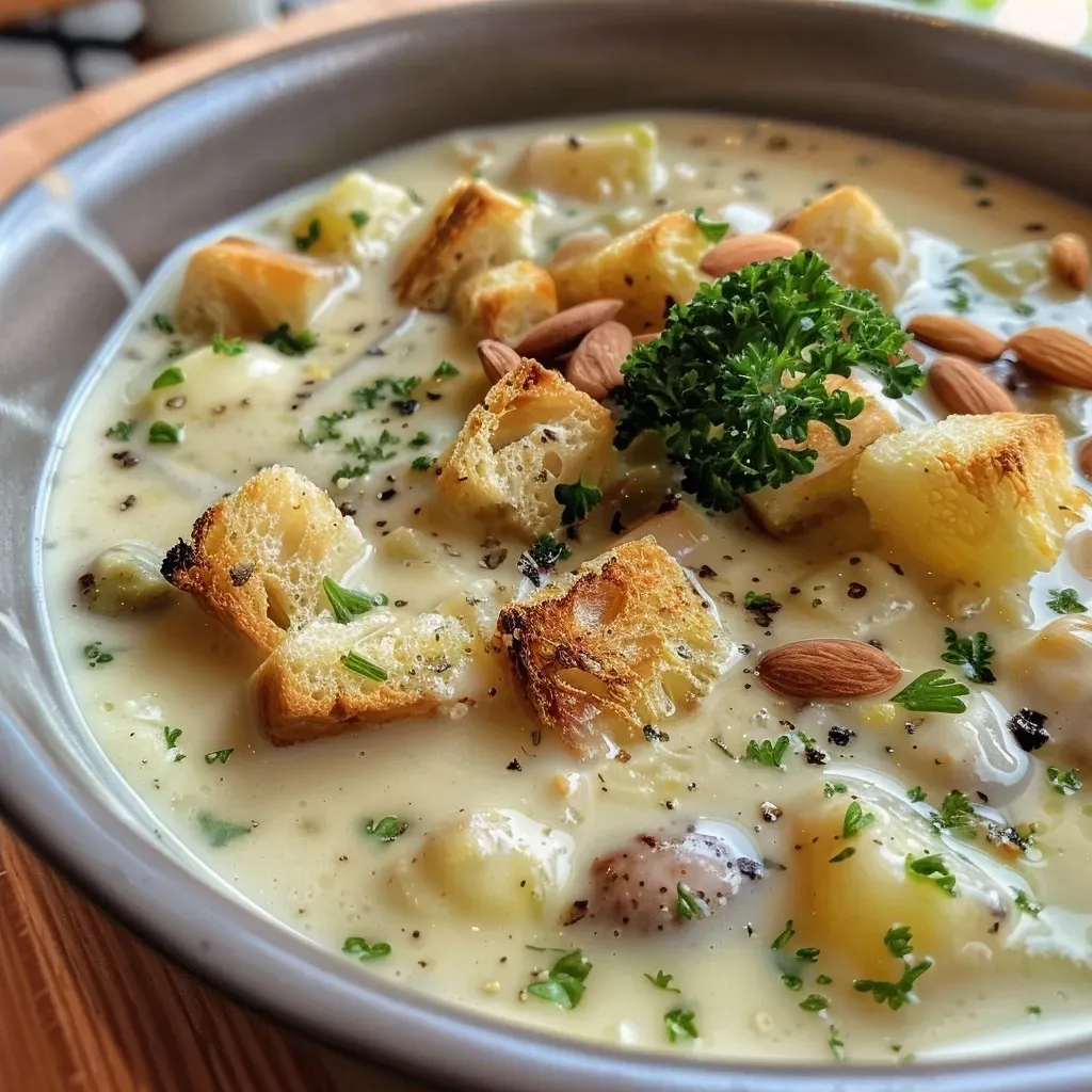 ['A creamy celery soup garnished with pear slices and hazelnuts in a white bowl.', 'Close-up of a bowl of celery soup with pear, topped with crushed hazelnuts and parsley.', 'Side view of a luscious soup made from celery and pear, decorated with hazelnuts.', 'A vibrant bowl of celery cream soup featuring pear slices and scattered hazelnuts on top.']