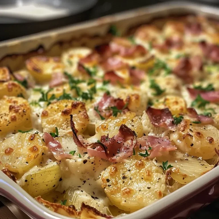 ['Close-up of baked Spitzkohl with creamy topping.', 'Side view of golden Spitzkohl gratin on a plate.', 'Juicy Spitzkohl au gratin with a crispy cheese layer.', 'Detailed view of Spitzkohl dish garnished with herbs.']