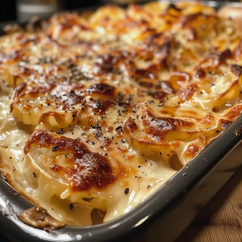 ['Close-up of baked Spitzkohl with creamy topping.', 'Side view of golden Spitzkohl gratin on a plate.', 'Juicy Spitzkohl au gratin with a crispy cheese layer.', 'Detailed view of Spitzkohl dish garnished with herbs.']