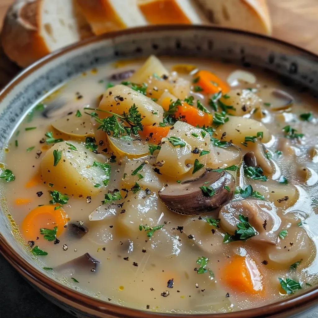 ['Close-up of a creamy Steinpilzsuppe in a bowl, garnished with herbs.', 'Side view of homemade Steinpilzsuppe showcasing fresh mushrooms and herbs.', 'Detailed image of a hearty Steinpilzsuppe with visible ingredients and smooth texture.', 'Bowl of rich Steinpilzsuppe with a slice of whole grain bread beside it.']