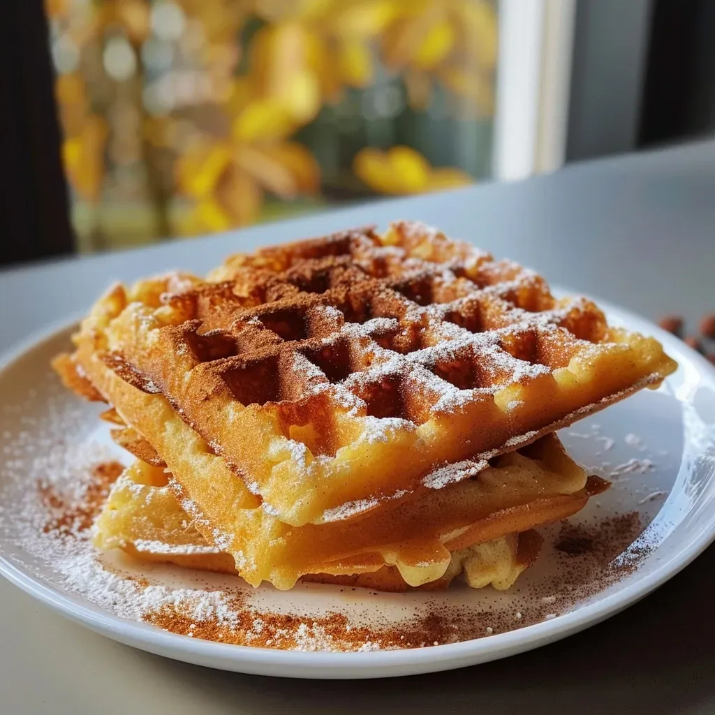 ['A close-up view of golden brown Kürbiswaffeln stacked on a white plate, garnished with cinnamon.', 'Side view of crispy Süße Kürbiswaffeln drizzled with syrup, showcasing their fluffy texture.', 'Juicy pumpkin waffles arranged beautifully with a sprinkle of powdered sugar and a touch of pumpkin spice.', 'A delectable stack of warm Kürbiswaffeln, rich in color, placed on a rustic wooden table.']