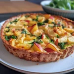['Close-up of a slice of Süße Quiche with a golden crust and apple filling.', 'Side view of Süße Quiche showcasing juicy apples and a flaky pastry base.', 'Delicious slice of Süße Quiche highlighting its rich, sweet apple layers.', 'Appetizing view of Süße Quiche, emphasizing the shiny apricot glaze on top.']