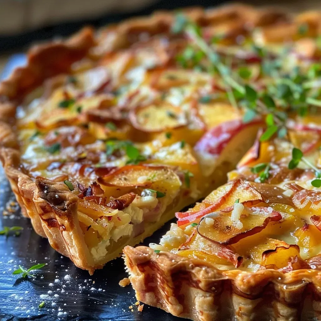 Close-up of a slice of Süße Quiche with a golden crust and apple filling.