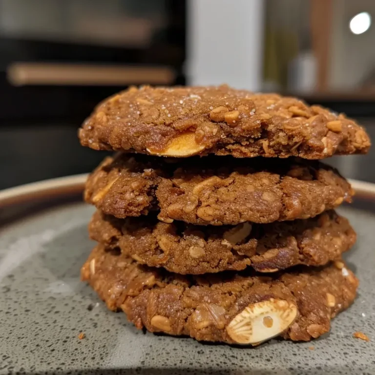 ['Close-up view of a Süßkartoffel cookie with a golden exterior and chocolate nibs.', 'Side view of a freshly baked Süßkartoffel cookie showcasing its chewy texture.', 'Juicy Süßkartoffel cookie featuring chunks of nuts and a sprinkle of cocoa nibs.', 'Delicious Süßkartoffel cookie on a plate, highlighting its rustic appearance.']