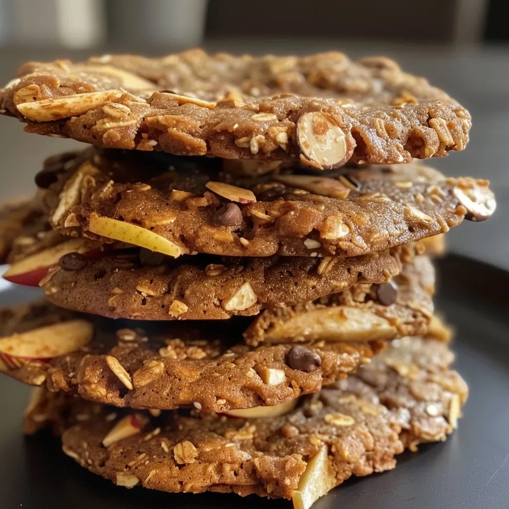 ['Close-up view of a Süßkartoffel cookie with a golden exterior and chocolate nibs.', 'Side view of a freshly baked Süßkartoffel cookie showcasing its chewy texture.', 'Juicy Süßkartoffel cookie featuring chunks of nuts and a sprinkle of cocoa nibs.', 'Delicious Süßkartoffel cookie on a plate, highlighting its rustic appearance.']