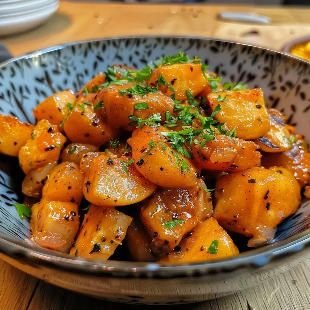 ['Close-up view of a rich and colorful Süßkartoffel Eintopf with chunks of sweet potatoes and herbs.', 'Side view of a steaming Süßkartoffel Eintopf showcasing vibrant ingredients like sweet potatoes and beans.', 'A detailed look at a hearty Süßkartoffel Eintopf, featuring yellow turmeric and fresh parsley on top.', 'Delicious Süßkartoffel Eintopf in a bowl, highlighting its chunky texture and vibrant colors.']