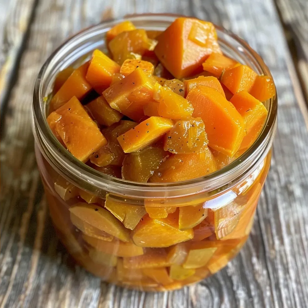 ['Close-up of a jar of sweet potato carrot jam, showcasing its vibrant orange color.', 'Side view of sweet potato carrot jam in a glass jar, highlighting the texture and richness.', 'A spoonful of sweet potato carrot jam with the jar in the background, emphasizing its glossy appearance.', 'Sweet potato carrot jam spread on a slice of bread, displaying its thick consistency.']