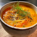 ['Creamy sweet potato soup with visible spices and herbs in a bowl.', 'Close-up of a rich, orange sweet potato soup garnished with parsley.', 'Side view of a bowl filled with velvety Süßkartoffelsuppe and a slice of baguette.', 'Thick and savory sweet potato soup with colorful ingredients displayed in a bowl.']