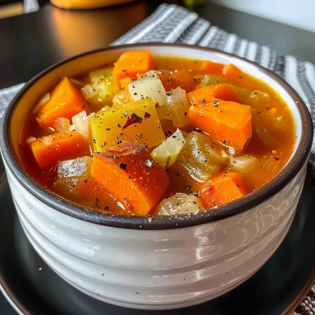 ['Creamy sweet potato soup with visible spices and herbs in a bowl.', 'Close-up of a rich, orange sweet potato soup garnished with parsley.', 'Side view of a bowl filled with velvety Süßkartoffelsuppe and a slice of baguette.', 'Thick and savory sweet potato soup with colorful ingredients displayed in a bowl.']