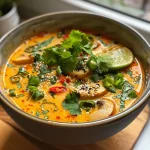 ['Close-up image of a bowl of Thai Curry Kürbissuppe with vibrant orange color and garnished with herbs.', 'Side view of a creamy pumpkin soup, featuring Thai curry spices and fresh coriander on top.', 'Juicy Thai Curry Kürbissuppe displayed in a rustic bowl, highlighting the rich texture and vibrant colors.', 'A steaming bowl of Thai pumpkin soup, showing red chili flakes and lime slices for garnish.']
