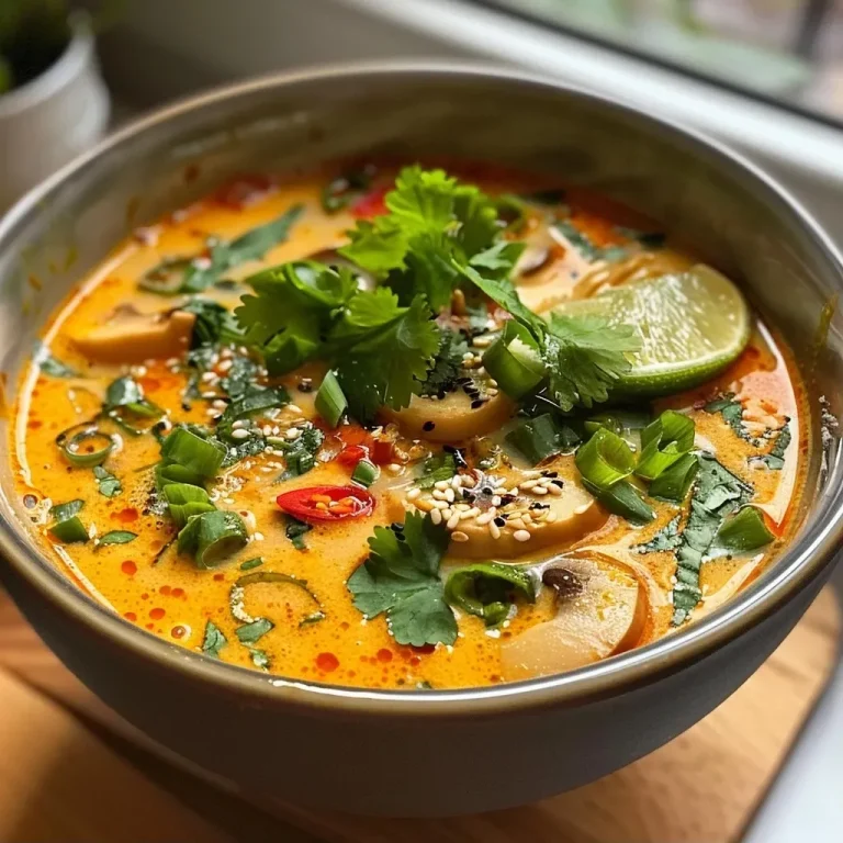 ['Close-up image of a bowl of Thai Curry Kürbissuppe with vibrant orange color and garnished with herbs.', 'Side view of a creamy pumpkin soup, featuring Thai curry spices and fresh coriander on top.', 'Juicy Thai Curry Kürbissuppe displayed in a rustic bowl, highlighting the rich texture and vibrant colors.', 'A steaming bowl of Thai pumpkin soup, showing red chili flakes and lime slices for garnish.']
