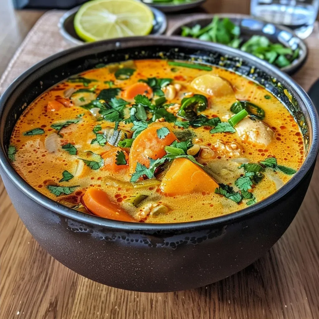 Close-up image of a bowl of Thai Curry Kürbissuppe with vibrant orange color and garnished with herbs.