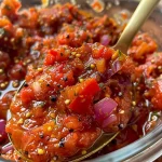 ['Close-up view of a vibrant tomato chutney with mustard seeds in a glass jar.', 'Side angle of chunky tomato chutney featuring mustard seeds and spices on a wooden table.', 'Juicy tomato chutney with visible mustard seeds and herbs in a rustic setting.', 'Detailed shot of freshly made tomato chutney with red chilies and spices in a bowl.']