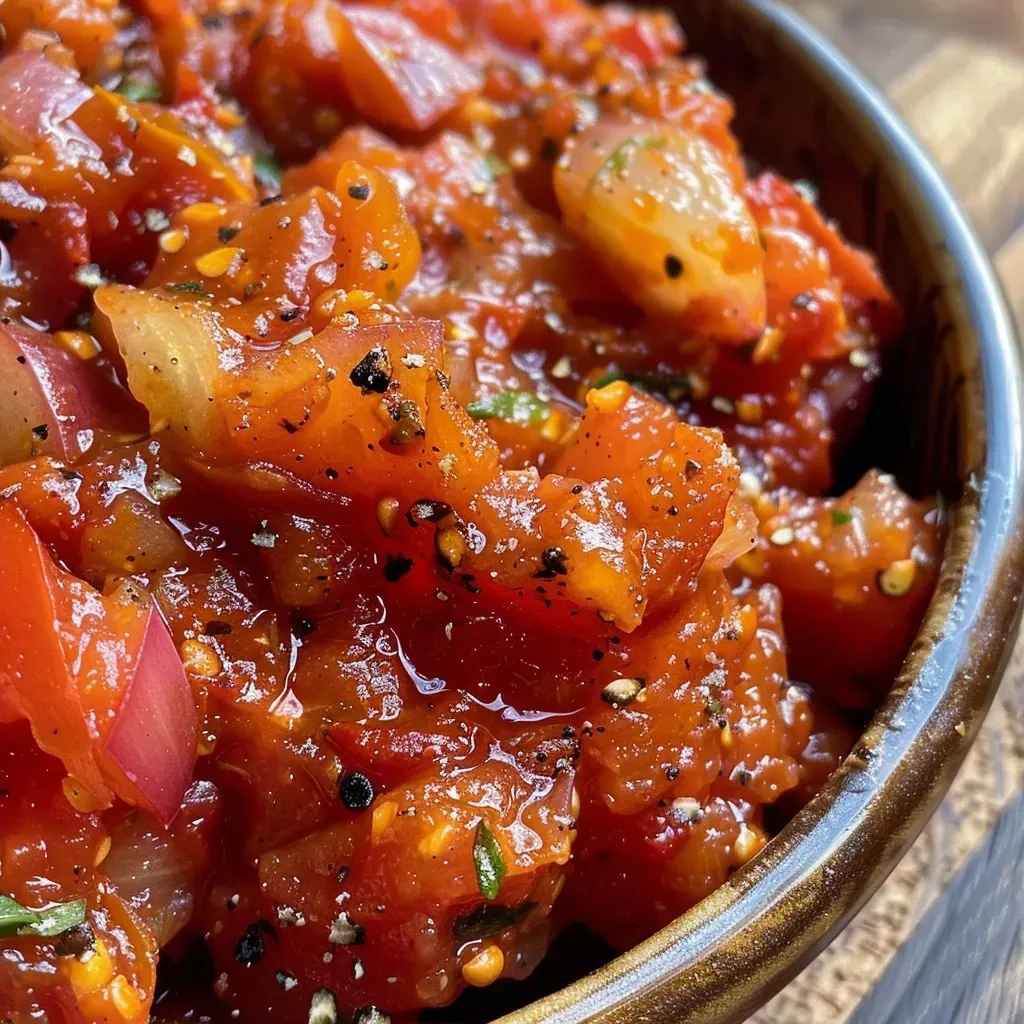 ['Close-up view of a vibrant tomato chutney with mustard seeds in a glass jar.', 'Side angle of chunky tomato chutney featuring mustard seeds and spices on a wooden table.', 'Juicy tomato chutney with visible mustard seeds and herbs in a rustic setting.', 'Detailed shot of freshly made tomato chutney with red chilies and spices in a bowl.']