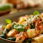 ['Close-up view of creamy chicken and gnocchi dish garnished with spinach and Parmesan.', 'Side view of a delicious plate of high-protein chicken and gnocchi with a creamy sauce.', 'Juicy diced chicken and potato gnocchi in a rich, creamy sauce with green spinach.', 'A vibrant dish showcasing chicken, gnocchi, and fresh spinach in a creamy blend.']