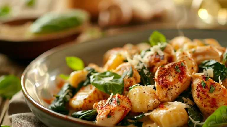 ['Close-up view of creamy chicken and gnocchi dish garnished with spinach and Parmesan.', 'Side view of a delicious plate of high-protein chicken and gnocchi with a creamy sauce.', 'Juicy diced chicken and potato gnocchi in a rich, creamy sauce with green spinach.', 'A vibrant dish showcasing chicken, gnocchi, and fresh spinach in a creamy blend.']