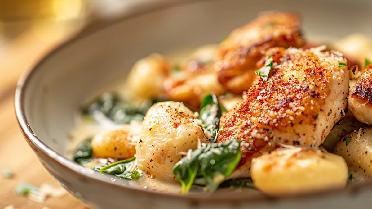 ['Close-up view of creamy chicken and gnocchi dish garnished with spinach and Parmesan.', 'Side view of a delicious plate of high-protein chicken and gnocchi with a creamy sauce.', 'Juicy diced chicken and potato gnocchi in a rich, creamy sauce with green spinach.', 'A vibrant dish showcasing chicken, gnocchi, and fresh spinach in a creamy blend.']