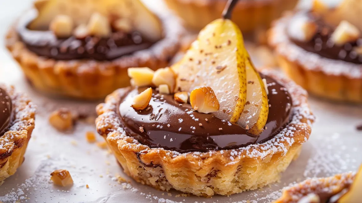 ['Close-up view of a Birnen-Haselnuss-Törtchen with a golden-brown crust and pear slices.', 'Side view of a delicious Birnen-Haselnuss-Törtchen showcasing its layered texture and glossy chocolate topping.', 'Rich Birnen-Haselnuss-Törtchen decorated with gold leaf, highlighting the chocolate and nut elements.', 'A detailed look at a Birnen-Haselnuss-Törtchen, emphasizing the pears and hazelnut filling.']