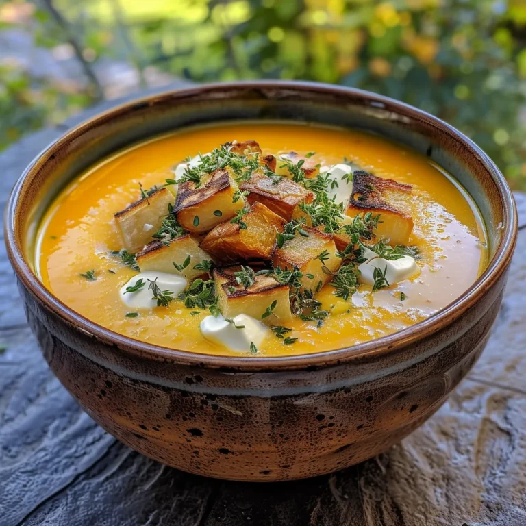 ['Close-up of a creamy pumpkin soup in a bowl, garnished with herbs.', 'Side view of a steaming bowl of Kürbiscremesuppe with a smooth texture.', 'Rich, orange pumpkin soup in a rustic bowl, showcasing its velvety consistency.', 'Deliciously presented Kürbiscremesuppe with a drizzle of pumpkin seed oil.']