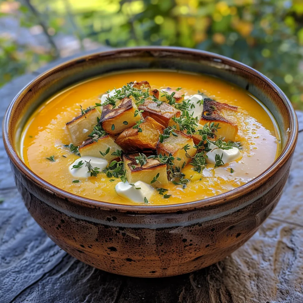 ['Close-up of a creamy pumpkin soup in a bowl, garnished with herbs.', 'Side view of a steaming bowl of Kürbiscremesuppe with a smooth texture.', 'Rich, orange pumpkin soup in a rustic bowl, showcasing its velvety consistency.', 'Deliciously presented Kürbiscremesuppe with a drizzle of pumpkin seed oil.']
