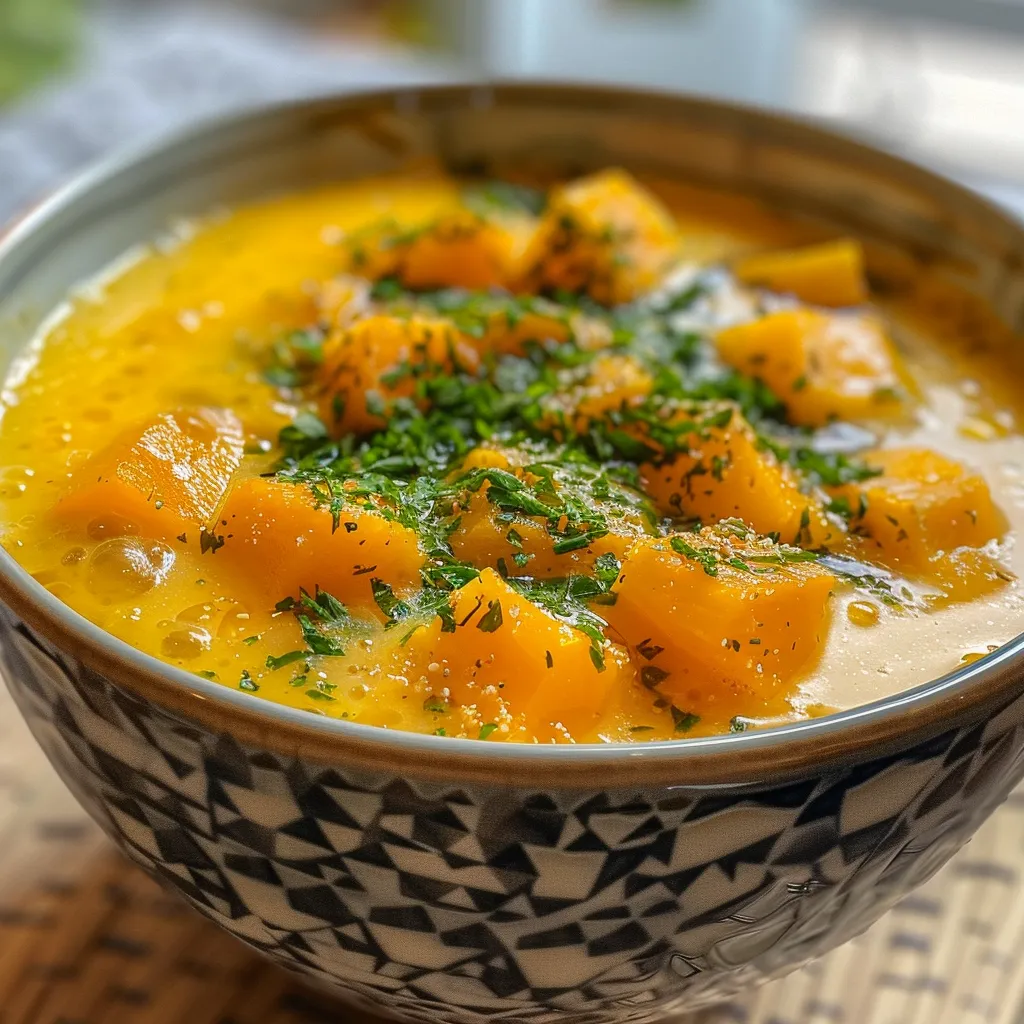 ['Close-up of a creamy pumpkin soup in a bowl, garnished with herbs.', 'Side view of a steaming bowl of Kürbiscremesuppe with a smooth texture.', 'Rich, orange pumpkin soup in a rustic bowl, showcasing its velvety consistency.', 'Deliciously presented Kürbiscremesuppe with a drizzle of pumpkin seed oil.']