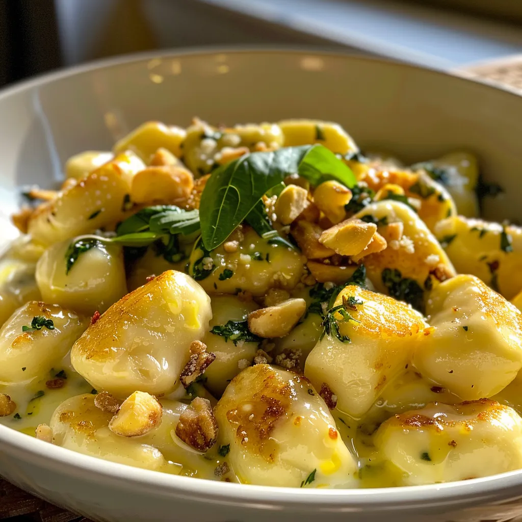 ['A close-up view of gnocchi served with pears and dried figs.', 'Juicy gnocchi dish featuring sliced pears and figs, styled attractively.', 'Side view of delicious gnocchi topped with fresh ingredients, including pears.', 'A detailed shot of gnocchi with a rich, textured sauce and garnishes.']