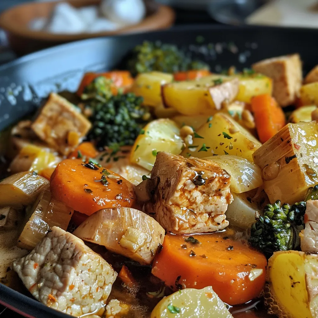 ['A close-up side view of a steaming bowl of Wirsingeintopf featuring golden-brown fried smoked tofu.', 'A vibrant dish of Wirsingeintopf with colorful carrots and potatoes, garnished with fresh parsley.', 'A hearty serving of Wirsingeintopf showcasing layers of savoy cabbage and textured tofu against a rustic backdrop.', 'A bowl filled with Wirsingeintopf, highlighting its rich colors and inviting aroma.']