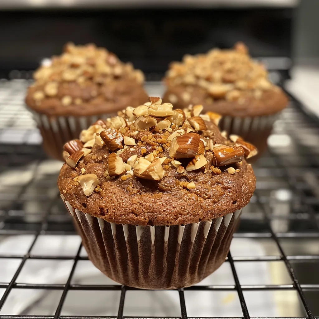 ['Golden-brown gluten-free muffins with chocolate chunks and hazelnuts.', 'Close-up side view of a chocolate chunk muffin featuring hazelnuts and cinnamon.', 'Moist, fluffy gluten-free muffin with visible chocolate pieces and hazelnut topping.', 'Appetizing cinnamon hazelnut muffins with rich chocolate bits on a wooden table.']