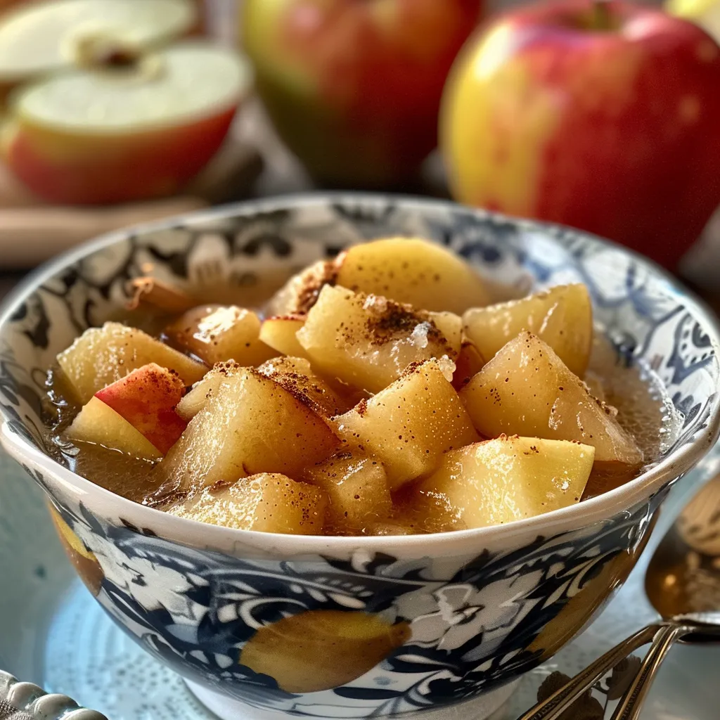 ['Close-up of a bowl of homemade applesauce with a smooth texture and visible apple pieces.', 'Side view of warm, freshly made applesauce in a bowl with a spoon beside it.', 'Creamy applesauce displayed in a clear bowl, garnished with a sprinkle of cinnamon.', 'A portion of stovetop applesauce, highlighting the rich color and chunky consistency of the dish.']