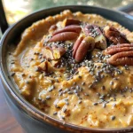 ['Side view of a bowl filled with creamy butternut pecan overnight oats, topped with chopped pecans and a sprinkle of cinnamon.', 'Close-up image of butternut pecan overnight oats in a bowl, showcasing the oats and pecans with a smooth texture.', 'Side perspective of a delicious mixture of butternut pecan overnight oats served in a rustic bowl, highlighting the ingredients.', 'Zoomed-in photo of butternut pecan overnight oats featuring a creamy blend of oats and nuts, with a hint of spice visible.']
