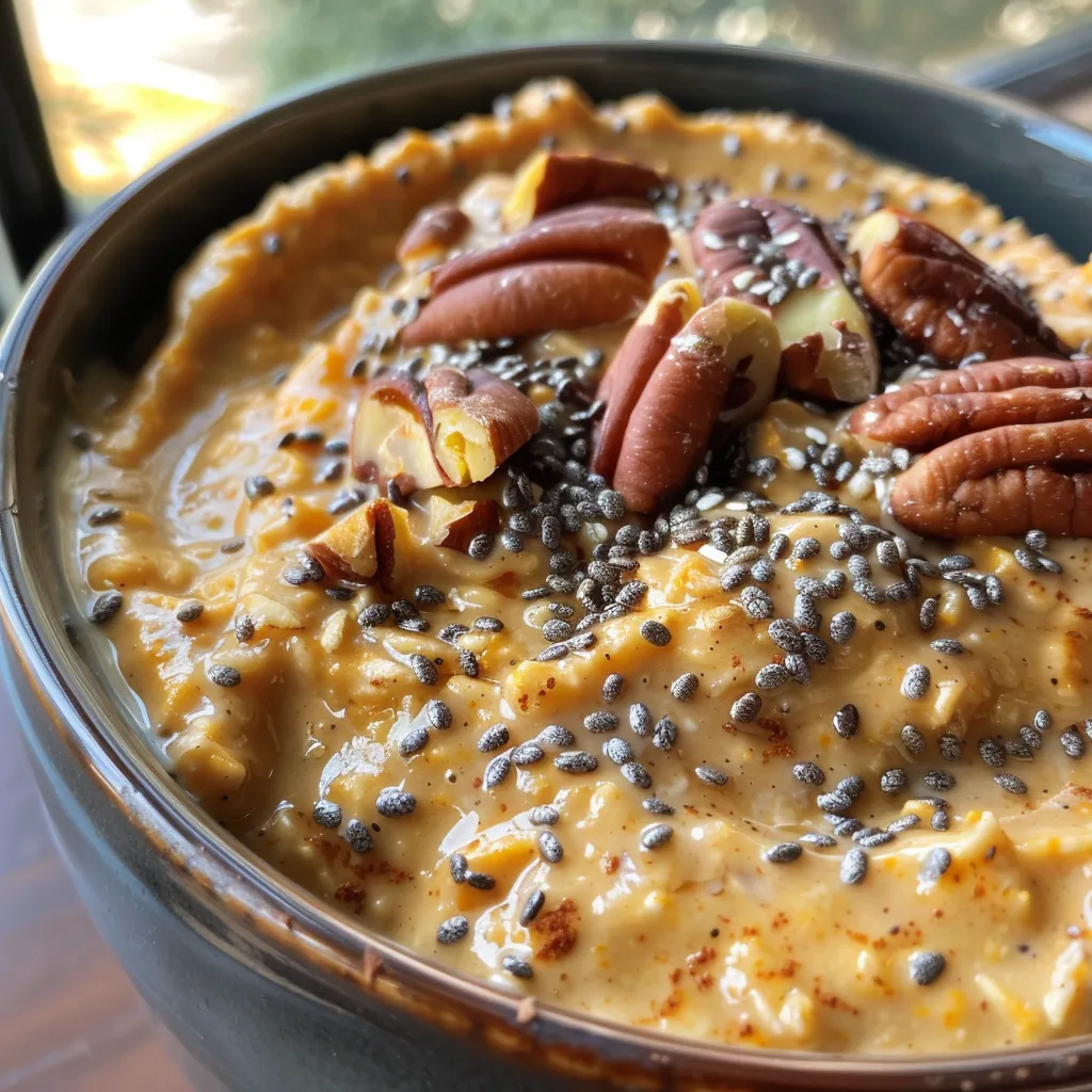 ['Side view of a bowl filled with creamy butternut pecan overnight oats, topped with chopped pecans and a sprinkle of cinnamon.', 'Close-up image of butternut pecan overnight oats in a bowl, showcasing the oats and pecans with a smooth texture.', 'Side perspective of a delicious mixture of butternut pecan overnight oats served in a rustic bowl, highlighting the ingredients.', 'Zoomed-in photo of butternut pecan overnight oats featuring a creamy blend of oats and nuts, with a hint of spice visible.']