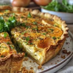 ['Close-up side view of a slice of Spitzkohl quiche with Kabanos on a plate.', 'A vibrant, golden-brown Spitzkohl quiche featuring sliced Kabanos, presented on a rustic table.', 'Juicy Spitzkohl quiche with Kabanos, showing layers of cabbage and sausage in a flaky crust.', 'A delicious slice of quiche highlighting the green Spitzkohl and Kabanos, garnished with parsley.']