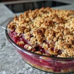 ['Close-up side view of a juicy Pflaumen-Crumble topped with a golden brown crust.', 'Delicious Pflaumen-Crumble with plump plums and a crumbly topping, captured in natural light.', 'A vibrant side view of a freshly baked Pflaumen-Crumble, revealing steaming fruits inside.', 'Side shot of a warm Pflaumen-Crumble, showcasing its rich plum filling and crumbly top.']