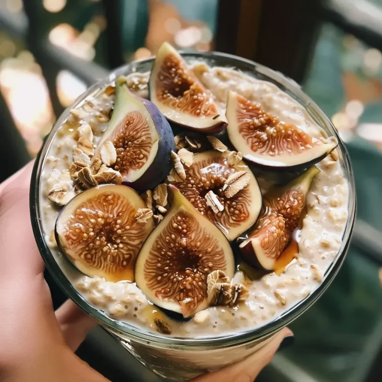 ['Close-up side view of overnight oats with figs and tahini in a Mason jar.', 'Creamy overnight oats topped with chopped figs and a drizzle of tahini.', 'Delicious layer of rolled oats, figs, and tahini in a clear jar.', 'Side view of a jar filled with maple fig tahini overnight oats.']