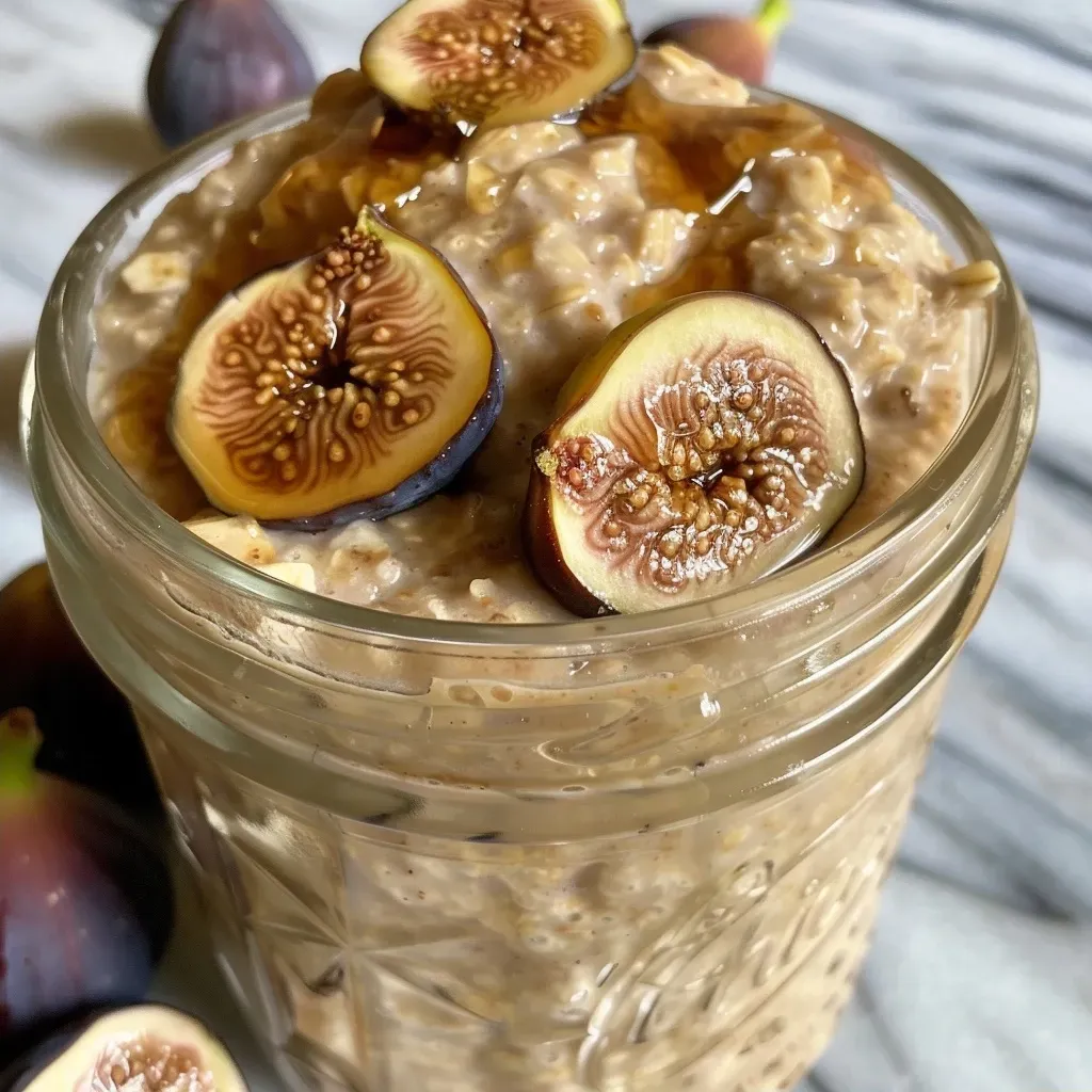['Close-up side view of overnight oats with figs and tahini in a Mason jar.', 'Creamy overnight oats topped with chopped figs and a drizzle of tahini.', 'Delicious layer of rolled oats, figs, and tahini in a clear jar.', 'Side view of a jar filled with maple fig tahini overnight oats.']