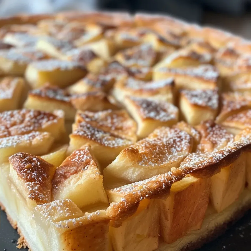 ['Close-up side view of unsichtbarer Apfel-Kuchen on a plate.', 'Juicy apple cake with a smooth texture and a sprinkle of powdered erythrit.', 'Sliced apple cake showcasing layers of apples and creamy filling.', 'Delicious apple cake served with a light dusting of erythrit powder.']