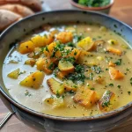 ['Close-up of creamy vegan potato leek soup in a white bowl with a spoon beside it.', 'Side view of a vibrant vegan Kartoffel-Lauch-Suppe garnished with fresh herbs.', 'Delicious bowl of potato leek soup featuring chunky vegetables and a smooth texture.', 'Hearty vegan soup made with potatoes and leeks, presented in a rustic setting.']