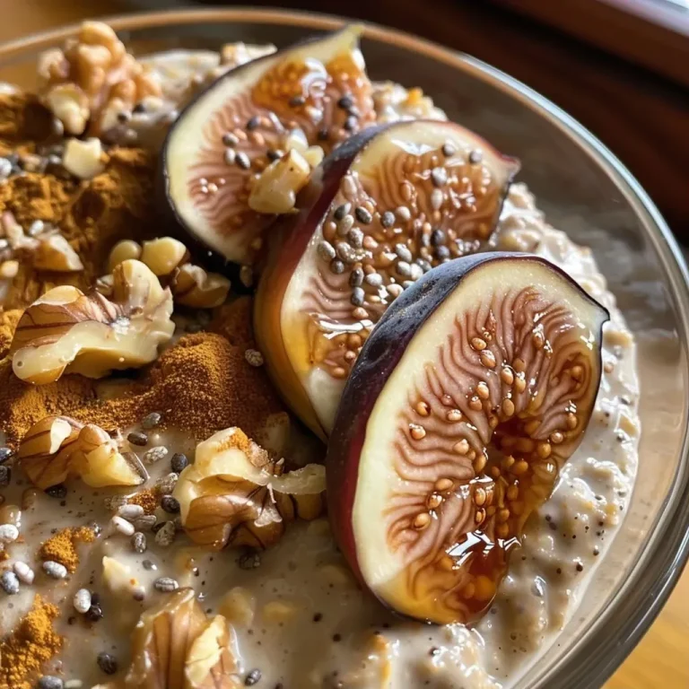 ['A close-up view of vegan overnight oats topped with sliced figs and chopped walnuts in a clear glass jar.', 'Side view of a glass filled with creamy vegan overnight oats, garnished with fresh figs and walnuts.', 'A delicious serving of vegan overnight oats, showcasing layers of oats, figs, and walnuts in a jar.', 'Close-up image of plant-based overnight oats with fig slices and walnut pieces on top, presented in a glass.']