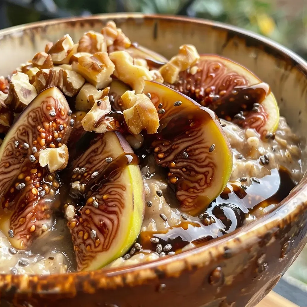 ['A close-up view of vegan overnight oats topped with sliced figs and chopped walnuts in a clear glass jar.', 'Side view of a glass filled with creamy vegan overnight oats, garnished with fresh figs and walnuts.', 'A delicious serving of vegan overnight oats, showcasing layers of oats, figs, and walnuts in a jar.', 'Close-up image of plant-based overnight oats with fig slices and walnut pieces on top, presented in a glass.']