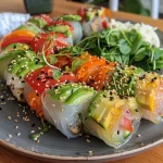 ['Close-up of vegan summer rolls filled with tofu and fresh vegetables, served with a peanut dip.', 'Side view of vibrant vegan summer rolls showcasing colorful ingredients, including tofu and avocado.', 'Juicy vegan summer rolls displayed on a plate, highlighting the textures of rice paper and vegetables.', 'Array of vegan summer rolls with dipping sauce, featuring fresh herbs and crunchy carrots.']