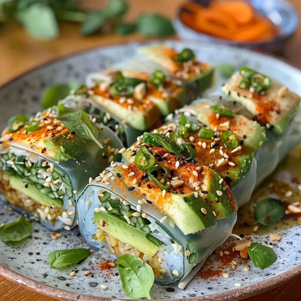 ['Close-up of vegan summer rolls filled with tofu and fresh vegetables, served with a peanut dip.', 'Side view of vibrant vegan summer rolls showcasing colorful ingredients, including tofu and avocado.', 'Juicy vegan summer rolls displayed on a plate, highlighting the textures of rice paper and vegetables.', 'Array of vegan summer rolls with dipping sauce, featuring fresh herbs and crunchy carrots.']