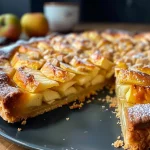 ['Close-up view of a juicy vegan apple cake with a golden-brown crust and visible apple chunks.', 'Side view of a moist vegan apple cake showcasing its soft interior and crumbly exterior.', 'Detailed look at a slice of vegan apple cake, highlighting its rich texture and apple pieces.', 'Angle shot of a vegan apple cake slice, revealing the layers and the warm, inviting color.']