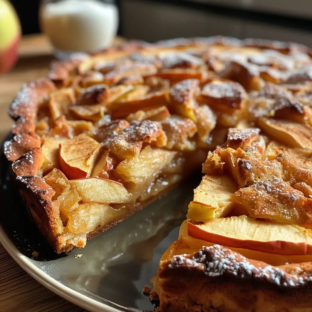 ['Close-up view of a juicy vegan apple cake with a golden-brown crust and visible apple chunks.', 'Side view of a moist vegan apple cake showcasing its soft interior and crumbly exterior.', 'Detailed look at a slice of vegan apple cake, highlighting its rich texture and apple pieces.', 'Angle shot of a vegan apple cake slice, revealing the layers and the warm, inviting color.']