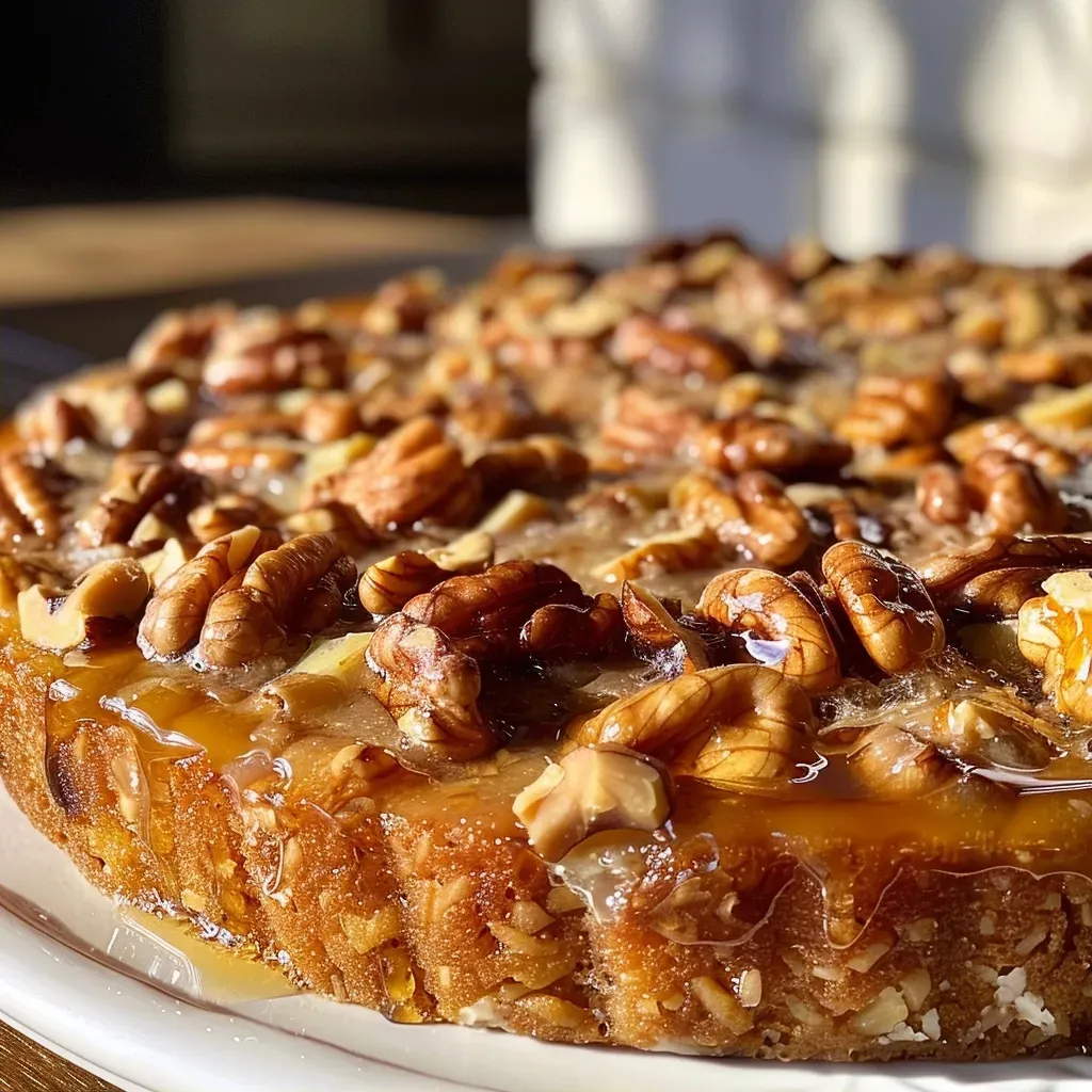 ['Close-up view of a walnut pie showcasing its golden crust and walnut halves on top.', 'Side view of a juicy walnut pie highlighting its rich filling and flaky crust.', 'Detailed photograph of a walnut pie with a shiny surface and visible walnut pieces.', 'Side shot of a freshly baked walnut pie with a smooth and glossy appearance.']