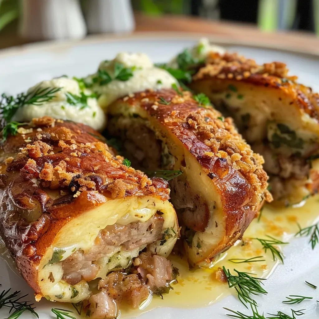 ['Close-up view of Wirsingröllchen filled with cream cheese, showing vibrant greens and creamy filling.', 'Side angle of juicy Wirsingröllchen, highlighting the fresh cabbage and rich filling.', 'Detailed shot of stuffed Wirsingröllchen, showcasing textures of cabbage leaves and creamy interior.', 'Close-up image of Wirsingröllchen with Frischkäse, emphasizing the herbs and garnished carrot.']