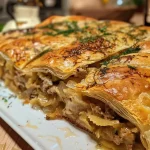['Close-up view of a juicy Wirsingstrudel stuffed with Skrei, showcasing its flaky crust and filling.', 'A side view of Wirsingstrudel filled with Skrei, highlighting the golden-brown crust and fresh ingredients.', 'Detailed image of Wirsingstrudel with Skrei, revealing the layers of pastry and savory filling.', 'A mouthwatering close-up of Wirsingstrudel featuring a crispy exterior and succulent Skrei filling.']