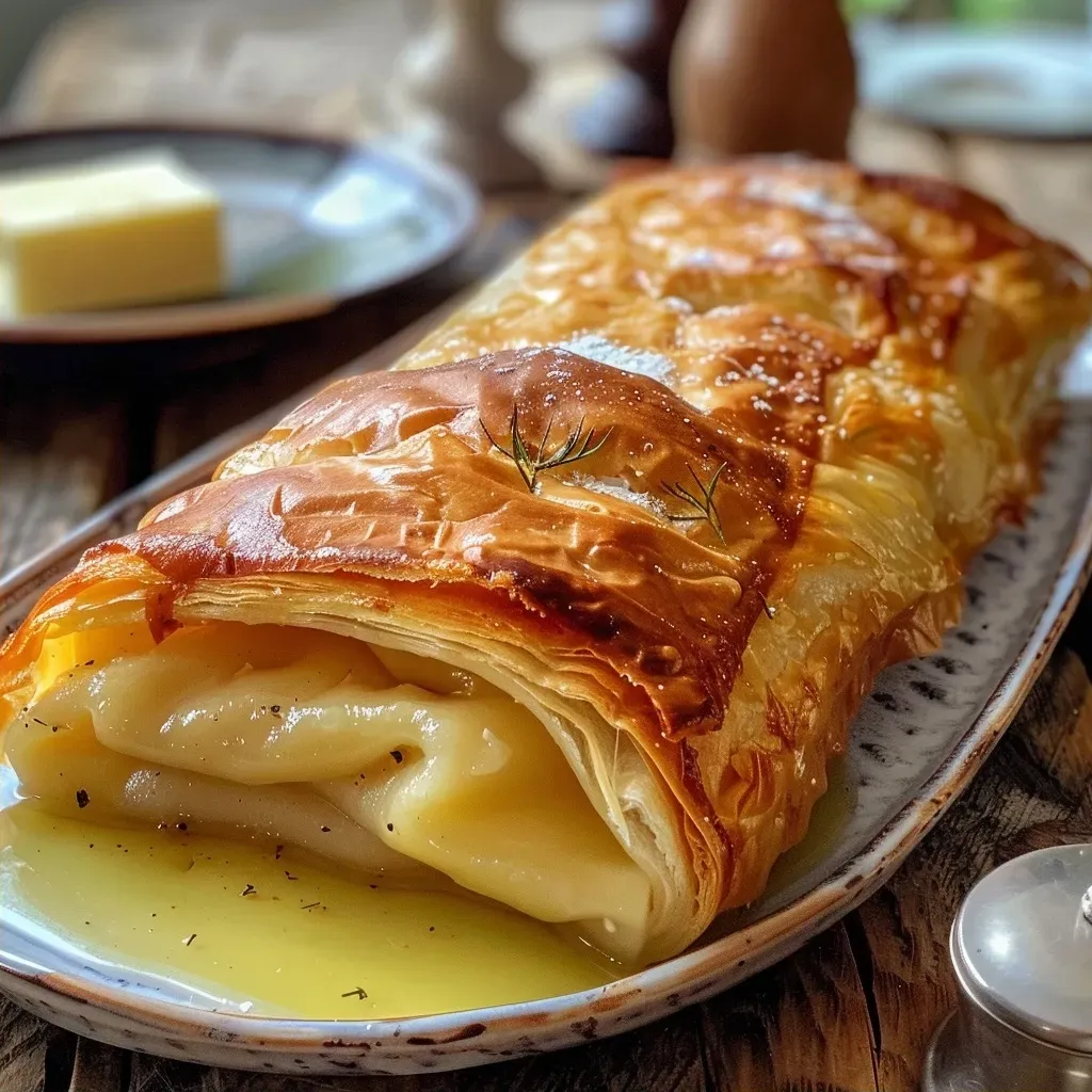 ['Close-up view of a juicy Wirsingstrudel stuffed with Skrei, showcasing its flaky crust and filling.', 'A side view of Wirsingstrudel filled with Skrei, highlighting the golden-brown crust and fresh ingredients.', 'Detailed image of Wirsingstrudel with Skrei, revealing the layers of pastry and savory filling.', 'A mouthwatering close-up of Wirsingstrudel featuring a crispy exterior and succulent Skrei filling.']
